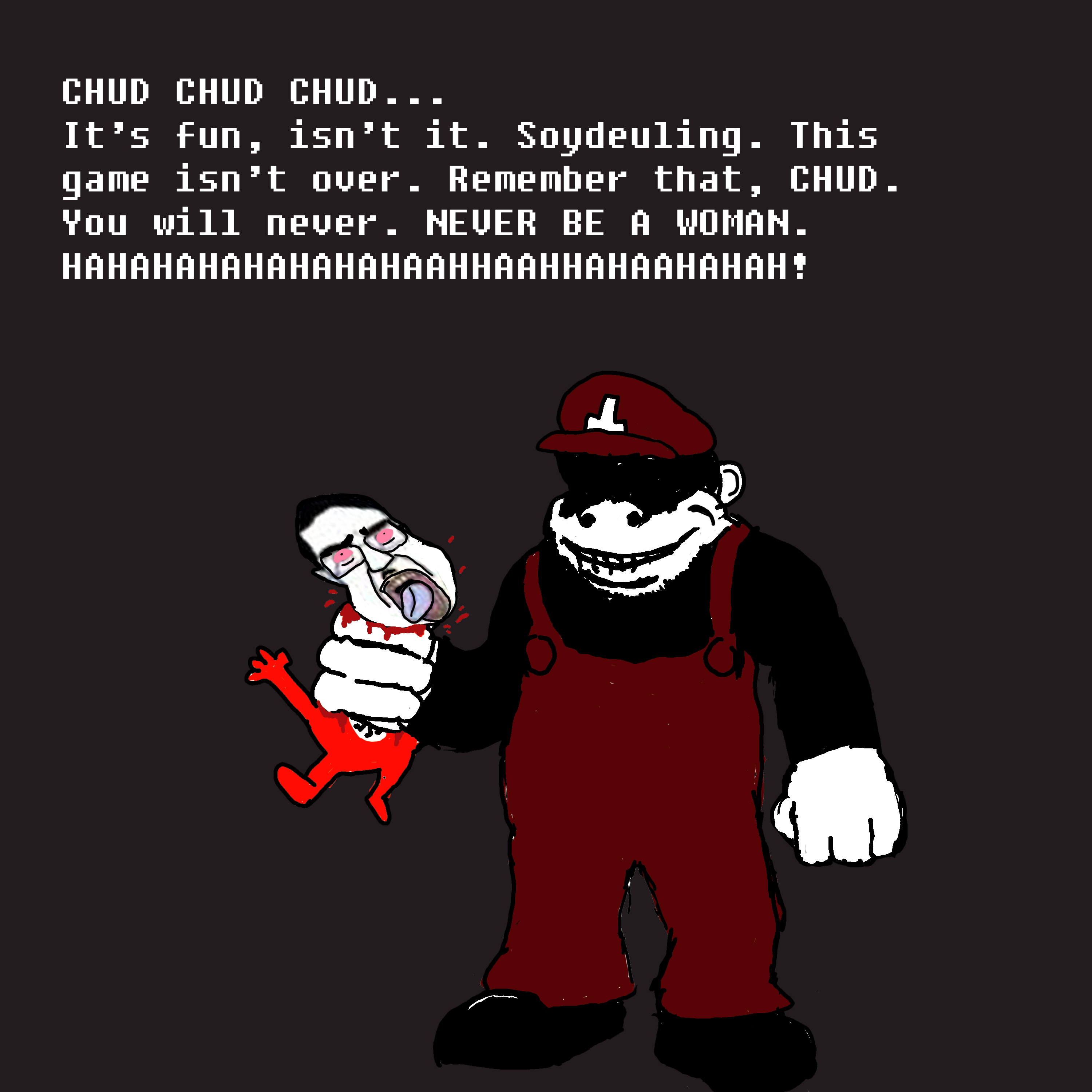 mario, chudjak, unknown, chudjak front, 2soyjaks, biting lip, blood, bloodshot eyes, closed mouth, clothes