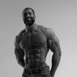 gigachad, beard, biceps, buff, gray background, gray skin, grayscale, hair, looking at you, monochrome