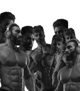 gigachad, buff, gray skin, grayscale, headphones, multiple gigachads, multiple nas, muscles, muscular male, transparent background