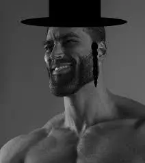 gigachad, clothes, da joos, gray background, gray skin, grayscale, hat, jewish hat, judaism, looking to the left