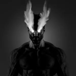 gigachad, angry, dark, dark background, darkness, fire, glowing eyes, gray background, gray skin, grayscale