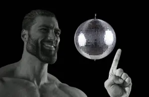 gigachad, animated, black background, disco, disco ball, finger, gray skin, grayscale, hands