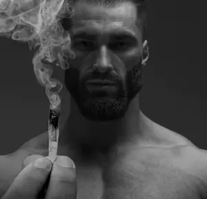 gigachad, gray background, gray skin, grayscale, looking at you, nigger weed, niggerweed, smoke, smoking, weed