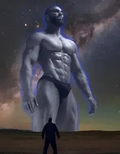 gigachad, big, buff, giant, gray skin, looking up, muscles, muscular male, night, space