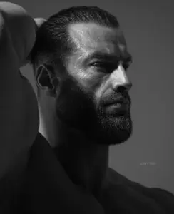 gigachad, gray background, gray skin, grayscale, looking to the right, shadow, sleek n tears