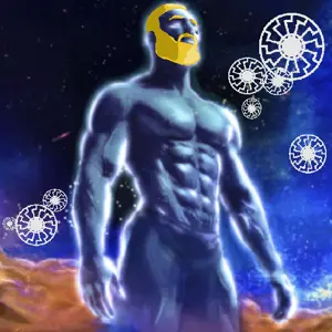gigachad, aryan, a10 eyes, big, blonde beard, blonde hair, buff, hair, looking up, muscles