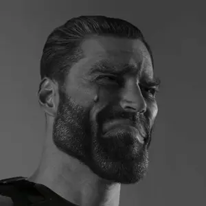 gigachad, crying, gray background, gray skin, grayscale, looking to the right, sad, tear