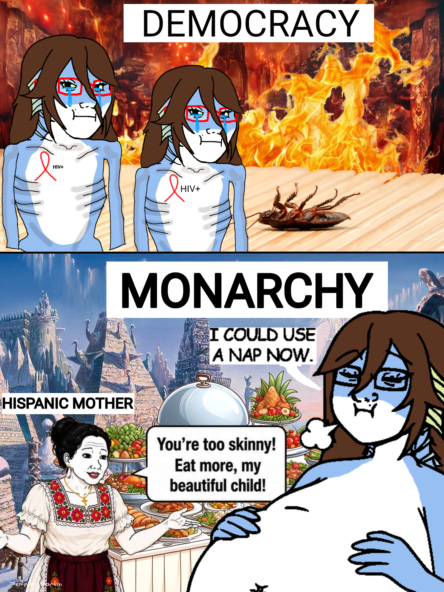 wojak, markiplier soyjak, soyak, female markiplier, agartha, animal, anthro, blue skin, brimstone, brown hair