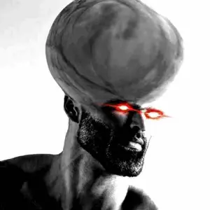 gigachad, aryan beast, big brain, black & white, buff, distorted, glowing eyes, grayscale, high iq, huge brain