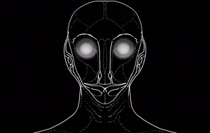 thougher, alien, babeljak, bald, black background, ear, front view, glowing eyes, looking at you, nigger