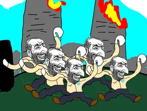happy merchant, balding, beard, black eyes, blue sky, clothes, conspiracy, dance, drawn background, eyebrows