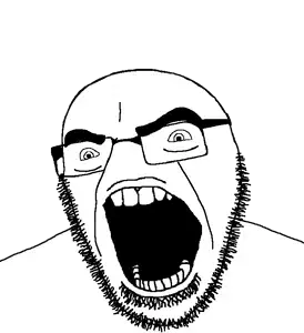 cobson, 1soyjak, alternate, angry, bald, eyebrows, full head, gaping mouth, glasses, monochrome