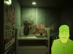 markiplier soyjak, 1soyjak, calm, cinema, closed eyes, closed mouth, glasses, gradient skin, green skin, japan