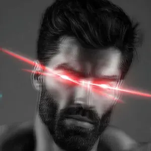 gigachad, 1nas, big buff grey man, black hair, closed mouth, covered eyes, ear, glowing eyes, gray background, gray skin