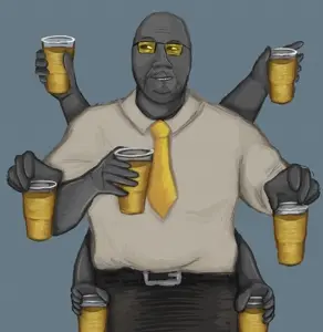 poison, gapejak, 1soyjak, alcohol, bald, belt, black eyes, blue background, cups, fat