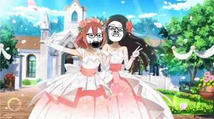 a24 slowburn soyjak, excited soyjak, 2soyjaks, anime, arm, clothes, dress, female, glasses, hair