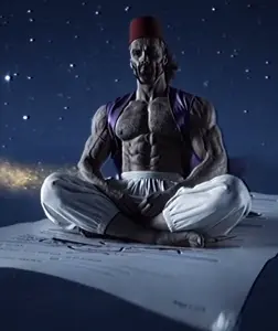 gigachad, 1nas, aladdin, buff, fairy tale, fez, flying, gray skin, jacket, job application