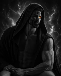 gigachad, antichrist, dajjal, glowing eyes, one eye, robe, third eye