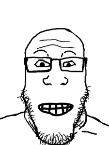 markiplier soyjak, neutralplier, 1soyjak, bald, black eyes, forehead lines, front view, glasses, grin, half open mouth