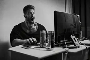 gigachad, asus, computer, drink, gray background, gray skin, keyboard, looking to the right, monitor, ooyyy