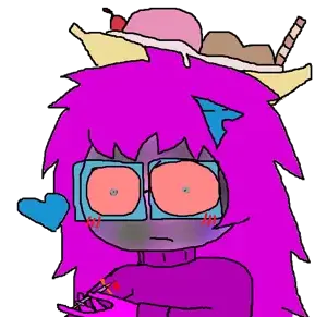 femquote, addict, arch linux, banana, banana split ice cream, bloodshot eyes, blue glasses, blue heart, blush, closed mouth