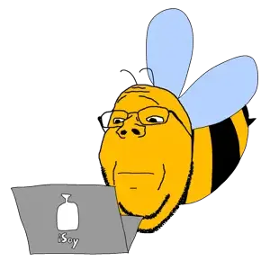 gapejak, wholesome soyjak, animal, bee, bug, closed mouth, glasses, insect, laptop, smile
