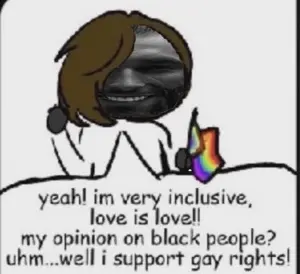 gigachad, 'toss, comic, front view, gray skin, hair, smile, speech bubble, text, lgbt pride flag
