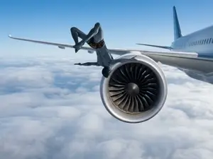 gigachad, 1nas, airplane, back view, black hair, buff, cloud, engine, full body, gray skin