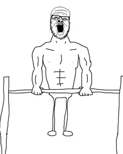 a24 slowburn soyjak, arm, bald, buff, calisthentetics, full body, gaping mouth, glasses, gym, hands