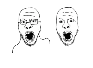 shark bite, 2soyjaks, angry, bald, black eyes, front view, glasses, hair, looking at you, nuvariant