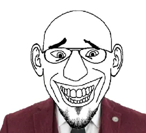 susjak, closed mouth, clothes, ear, glasses, grin, necktie, soyjak, stubble, suit