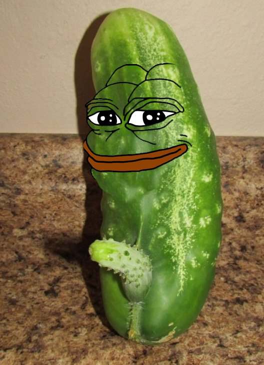 pepe, amphibian, animal, black eyes, closed mouth, food, fruit, full body, green, green skin