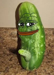pepe, amphibian, animal, black eyes, closed mouth, food, fruit, full body, green, green skin