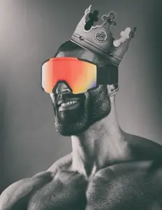 gigachad, 1nas, black hair, buff, burger king, crown, glasses, googles, gray background, gray skin