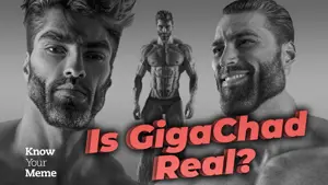 gigachad, 3nas, black hair, closed mouth, gray background, gray skin, hair, knowyourmeme, looking at you, question mark