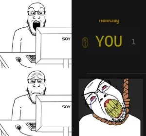 bernd, markiplier soyjak, hanging troonjak, neutralplier, troonjak, 3soyjaks, ack, angry, bald, black eyes