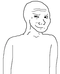 wojak, 1nas, bald, closed mouth, half body, looking down, monochrome, skinny, smile, smug