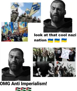 gigachad, arab, azov battalion, beard, closed mouth, front view, gray background, gray eyes, gray hair, gray skin