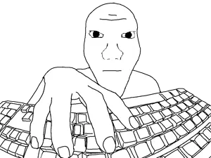 wojak, darren, nasified soyjaks, bald, big nose, black eyes, closed mouth, computer, front view, half body
