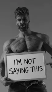 gigachad, ai voice, almost full body, angry, beard, black hair, buff, front view, gray background, gray eyes