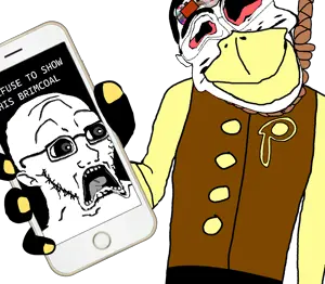 chudjak, patrick, slopjak, showing phone, 2soyjaks, ack, front view, hanging, holding object, holding phone