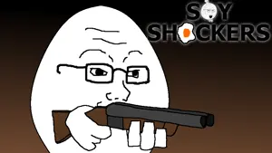 soyak, 1soyjak, bald, black eyes, egg, egg yolk, eyebrows, firearm, full body, glasses