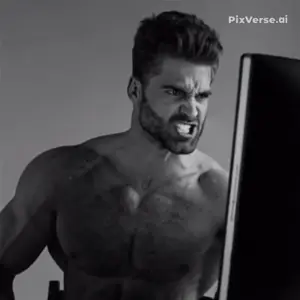 gigachad, angry, beard, black eyes, black hair, boot, boots, buff, computer, crying