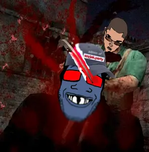 chudjak, markiplier soyjak, grinlook poggers, grinplier, 2soyjaks, black hair, blood, blood splatter, blood spray, blue skin