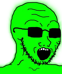 soyak, 1soyjak, bald, forehead lines, glasses, glowing, glownigger, green skin, looking to the right, open eyes