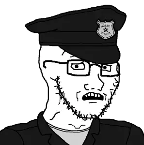 soyak, soyak (concerned), 1soyjak, clothes, concerned, glasses, looking to the right, open mouth, police, police hat