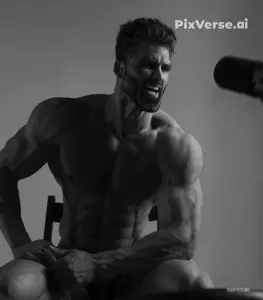 gigachad, advertisement, beard, black eyes, black hair, buff, closed eyes, driving, full body, gaping mouth
