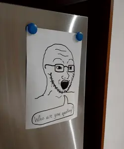 soyak, fridge, glasses, greentext, open mouth, paper, real life, soyjak, speech bubble, stubble