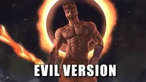 gigachad, 1nas, buff, clothes, drawn background, english text, evil, fire, front view, glove