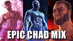 gigachad, 3nas, beard, buff, drawn background, english text, front view, hair, looking at you, looking to the left
